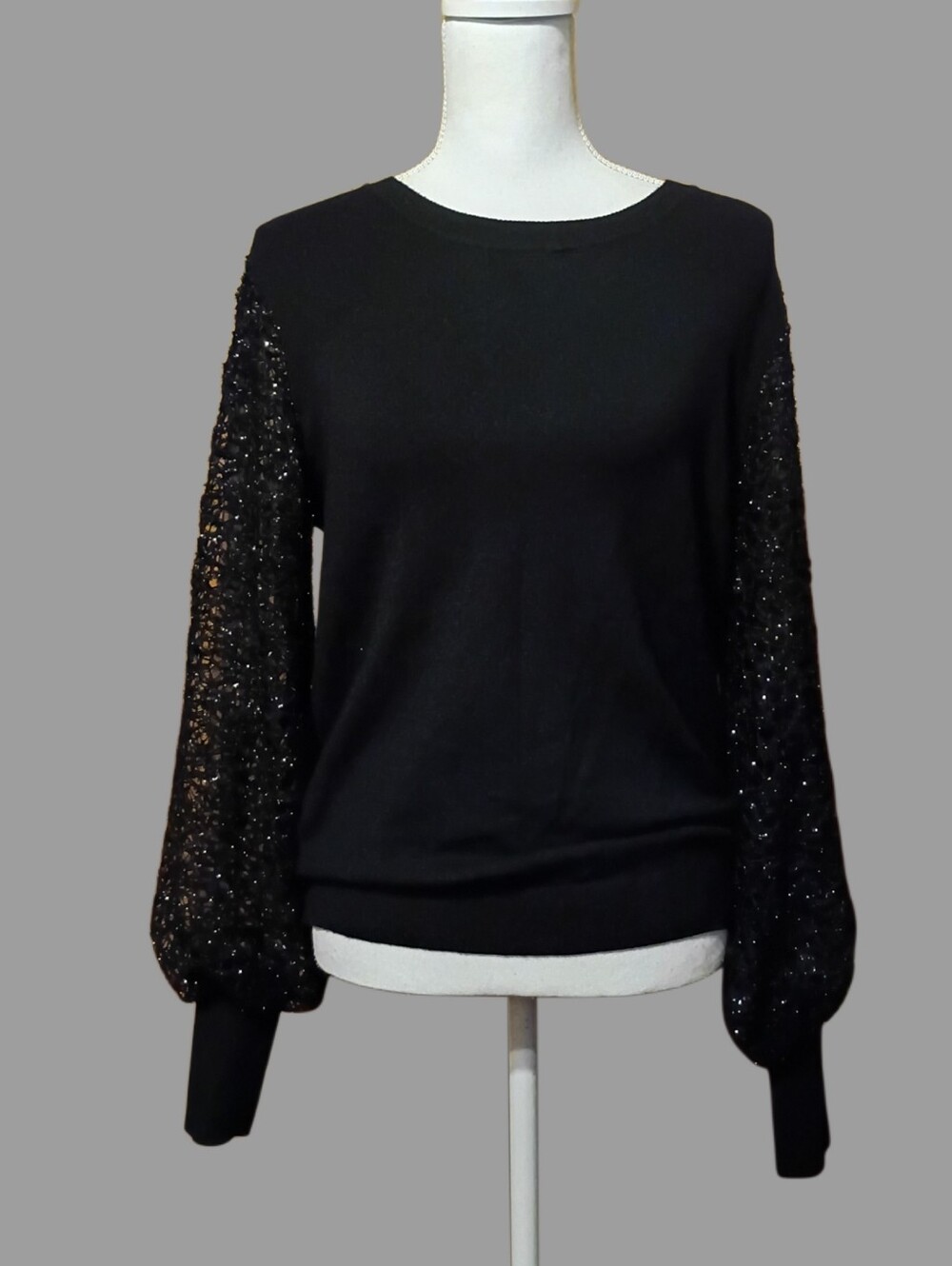 Sioni Black Scoop Neck Sweater with Sparkle Lace Sleeves